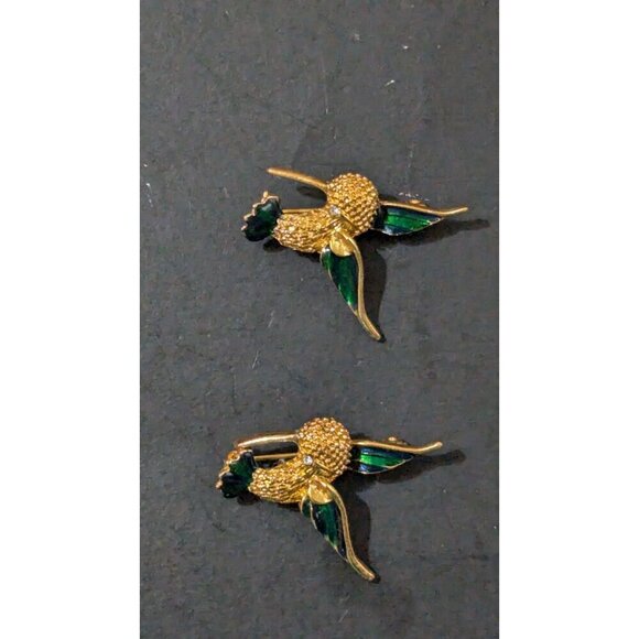 Vintage Hummingbird Brooch Set - Gold Tone & Green Enamel - 1.5 Inches - Picture 4 of 10